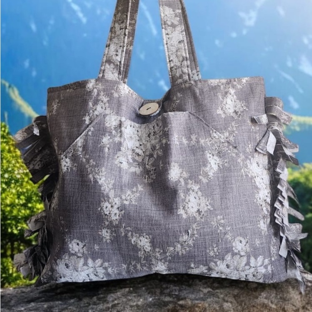 Gray Floral Canvas Tote with Decorative Bows